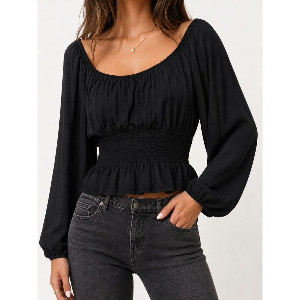 Sincerely Jules Black Smocked Peplum Blouse M Balloon Sleeve NWT Boho